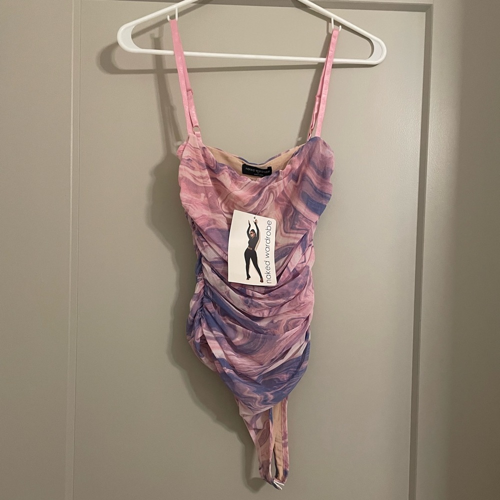 NWT Naked Wardrobe printed mesh side ruched bodysuit size M